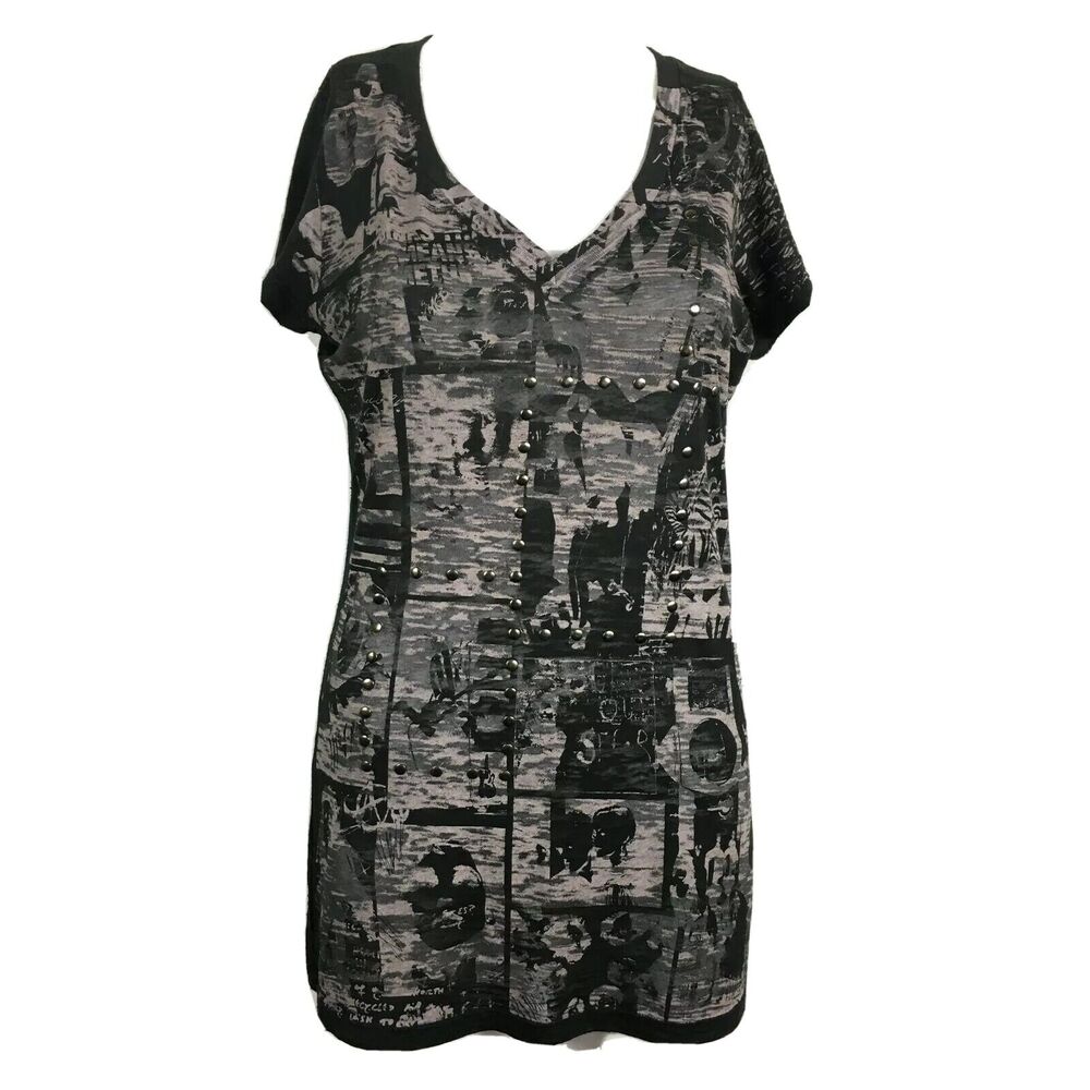 Doctrine Shirt Womens Sz L Black Gray Graphic Studded Cotton Teed